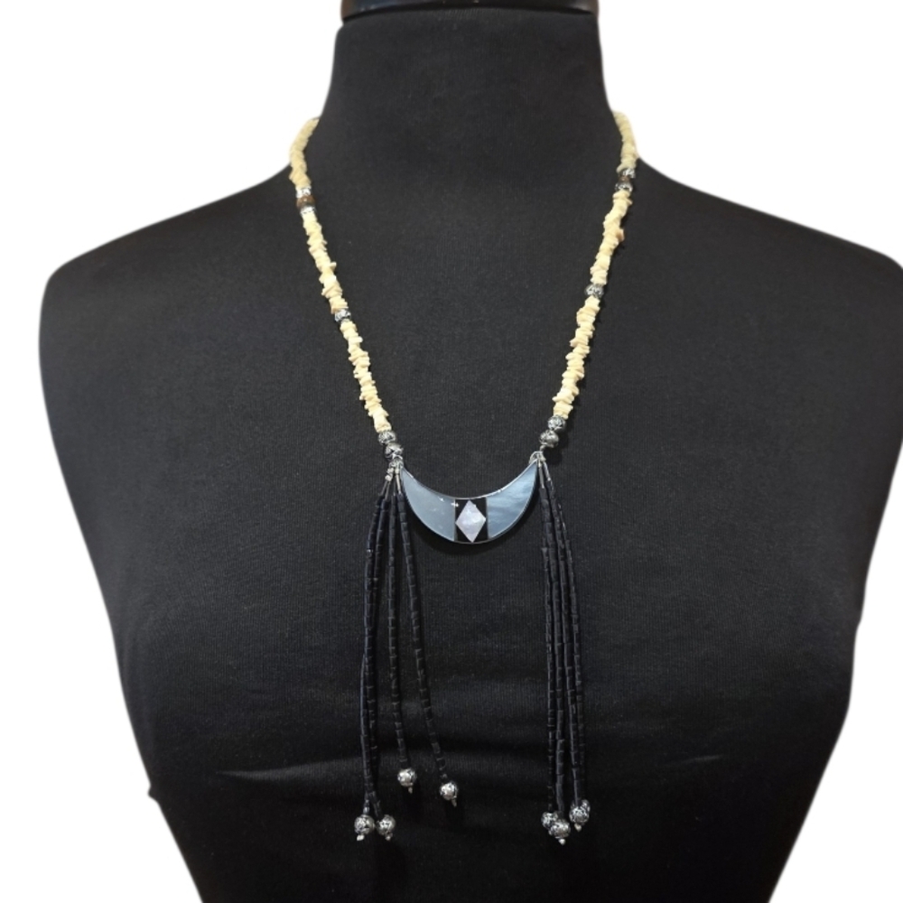 Vintage Black and Cream Necklace Shell Bohemian Fringe Abalone Pendant
